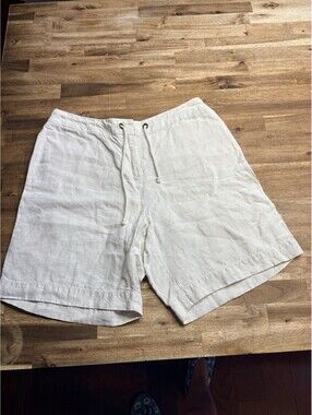 Orvis Mens Biege Linen Shorts Sz M Flat Front Elastic Waist Drawstring Beach